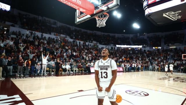 Mississippi State freshman guard Josh Hubbard celebrates a home win against No. 5 Tennessee